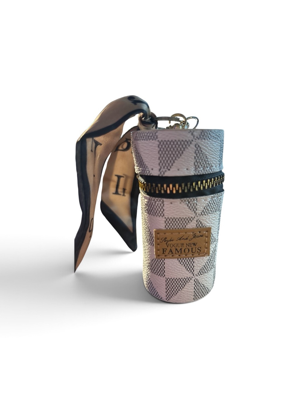 Beige Checkered Keychain ,bag charm, lipstick holder  with Scarf Accent